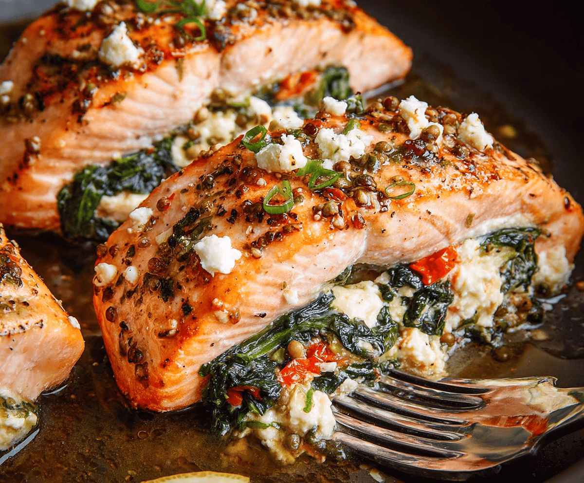 Easy Baked Salmon Stuffed With Spinach And Feta