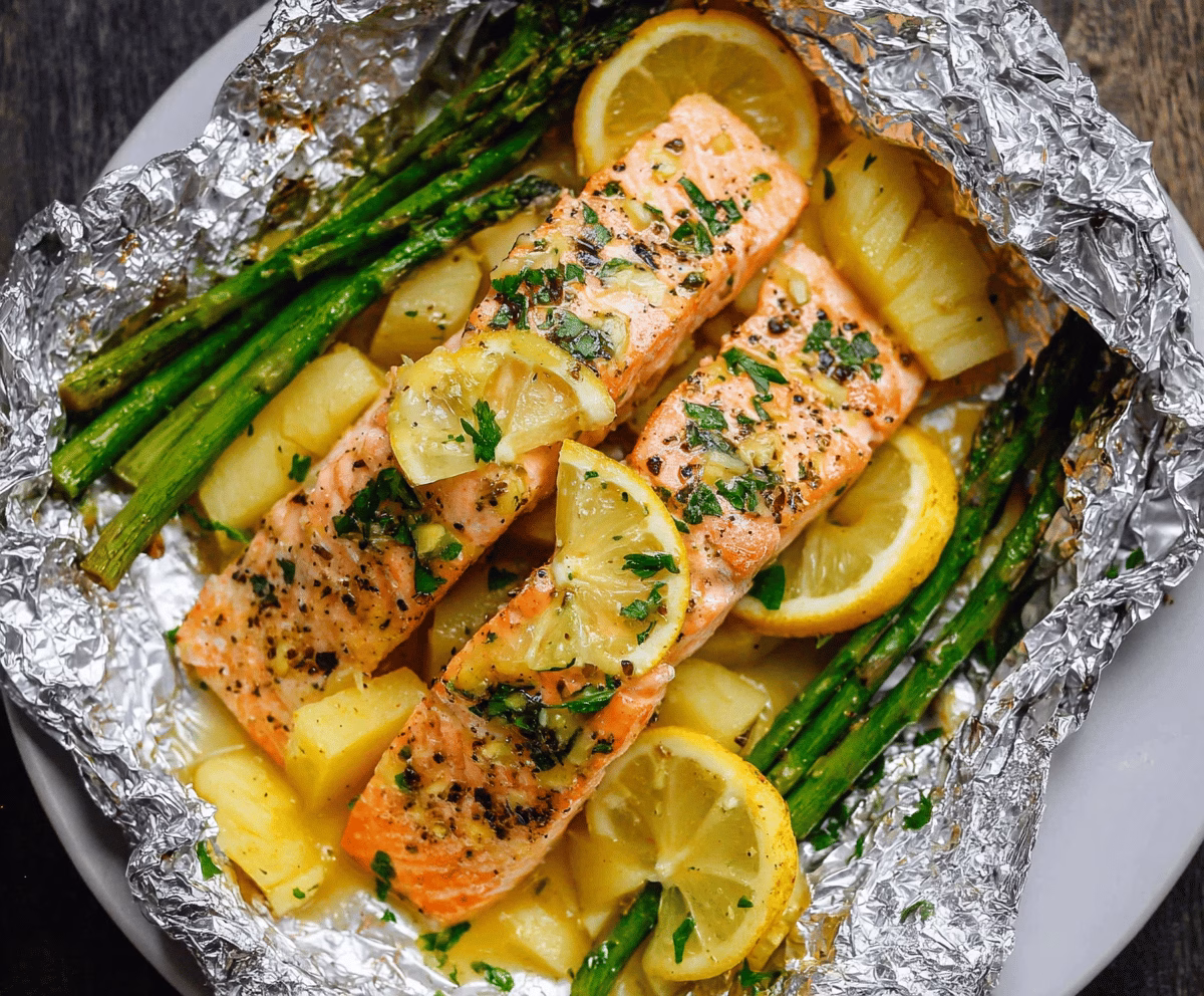 Easy Salmon Foil Packets with Pineapple and Lemon Garlic Butter